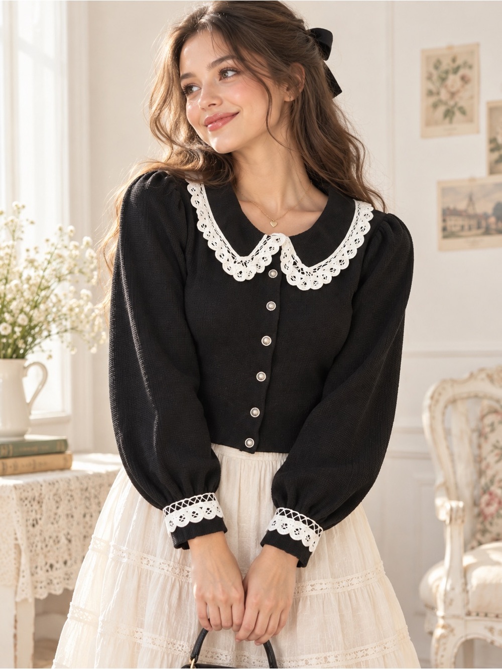 Maje Black Lace Collar Puff Sleeve Cardigan Top – Romantic Coquette Prairie Fall